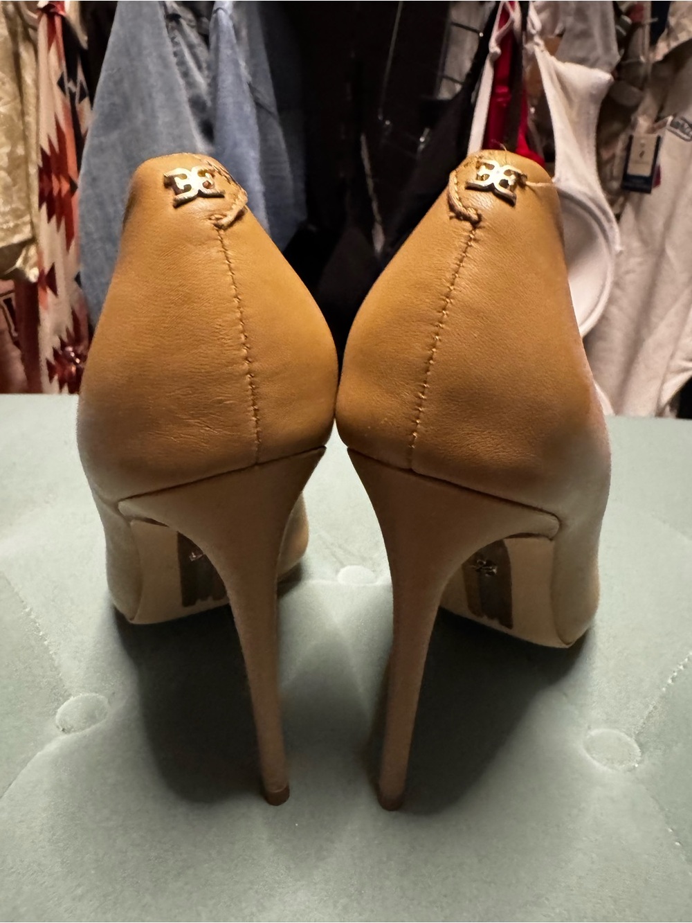 Sam Edelman Camel/Tan Leather Stiletto Pumps with Gold Logo